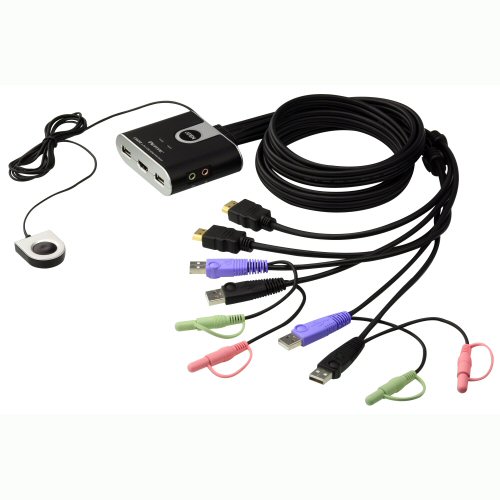 Naar omschrijving van 62652 - KVM Switch, 2-fold, ATEN CS692, HDMI, USB, Audio, integreated cables, Remote