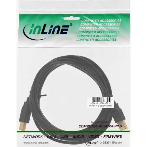 Naar omschrijving van 34535S - InLine USB 2.0 kabel,  zwart, vergulde contacten, AM/BM, 3m