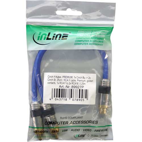 Naar omschrijving van 89927P - InLine Tulp Y-kabel,  Premium, vergulde contacten, 1x Tulp contraplug naar 2x Tulpplug, 0.25m