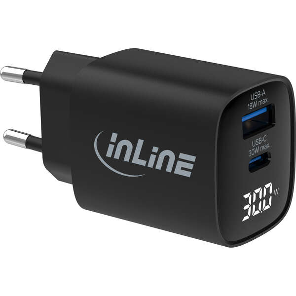 Naar omschrijving van 31550 - InLine® USB PD power supply, GaN charger, 2-port, USB-C + USB-A, 30W, w/ display