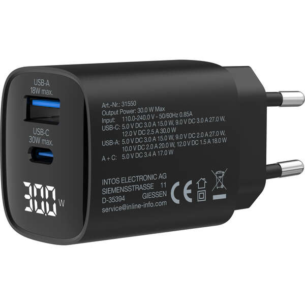 Naar omschrijving van 31550 - InLine® USB PD power supply, GaN charger, 2-port, USB-C + USB-A, 30W, w/ display