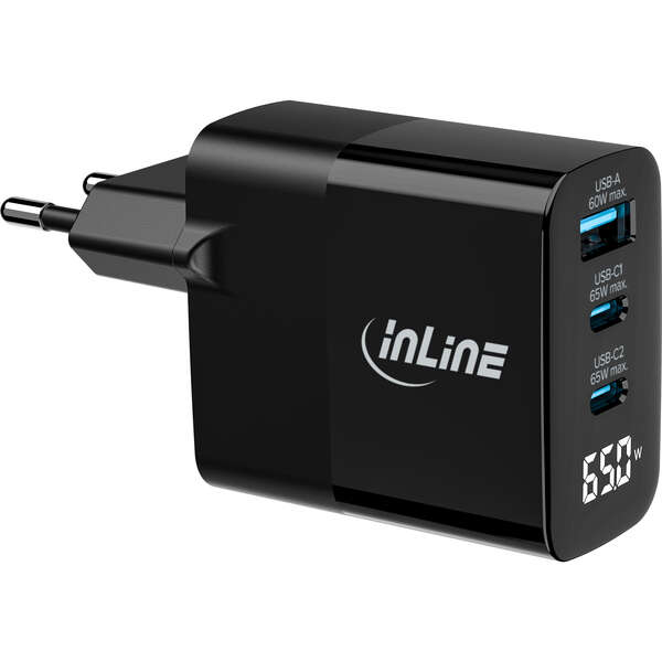 Naar omschrijving van 31552 - InLine® USB PD power supply, GaN charger, 3-port, USB-C + USB-A, 65W, w/ display