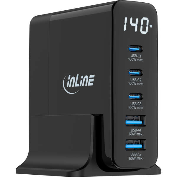 Naar omschrijving van 31553 - InLine® USB PD power supply, GaN charger, 5-port, USB-C + USB-A, 140W, w/display