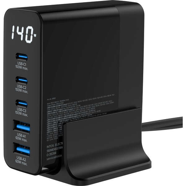 Naar omschrijving van 31553 - InLine® USB PD power supply, GaN charger, 5-port, USB-C + USB-A, 140W, w/display