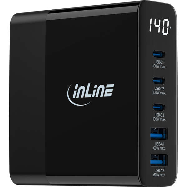 Naar omschrijving van 31553 - InLine® USB PD power supply, GaN charger, 5-port, USB-C + USB-A, 140W, w/display