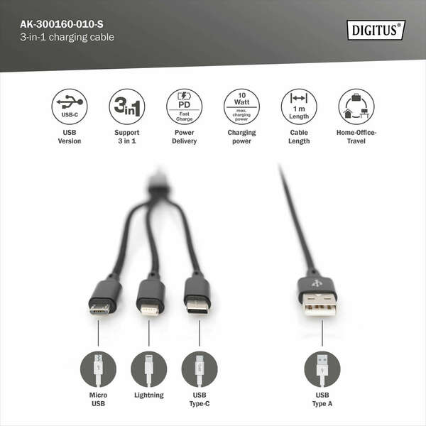 Naar omschrijving van AK-300160-010-S - USB charger cable, 1m 3 in 1 cable, nylon braid, black