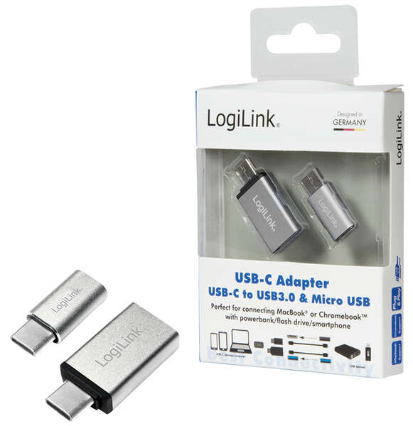 Naar omschrijving van AU0040 - USB-C adapter set, C/M to USB-A/F + C/M to Micro-USB/F, silver