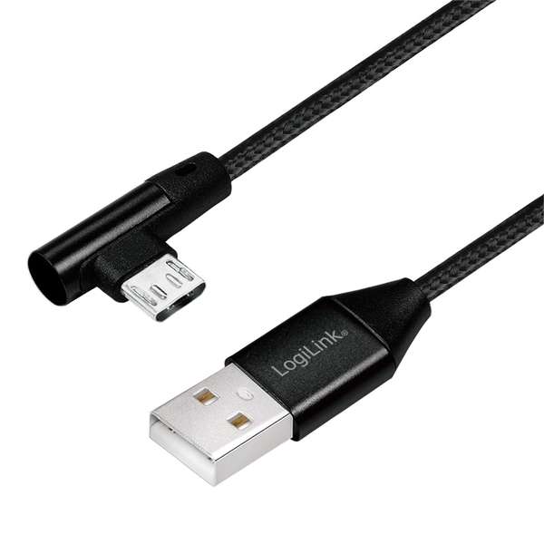 Naar omschrijving van CU0141 - USB 2.0 cable, USB-A/M to Micro-USB/M (90°),fabric,metal,black, 0.3 m