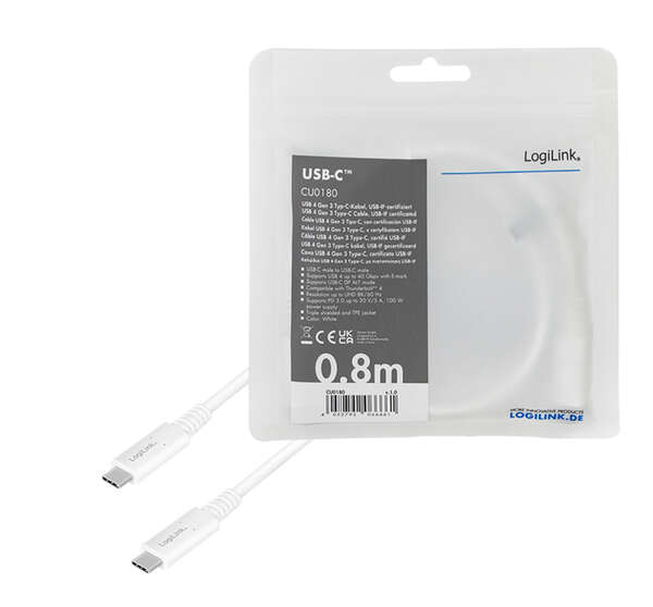 Naar omschrijving van CU0180 - USB 4 Gen3x2 Type-C cable, C/M to USB-C/M, E-mark, PD, 8K, white, 0.8 m