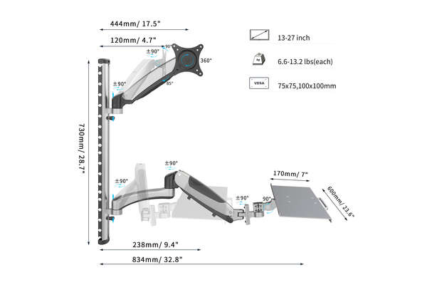 Naar omschrijving van DA-90354 - Workstation (Monitor, Keyboard) Wall Mount 27 inch, 6 kg, VESA 75x75, 100x100, silver