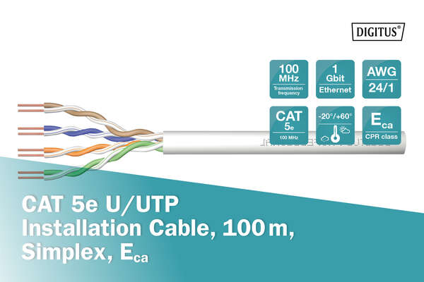 Naar omschrijving van DK-1511-V-1-1 - CAT 5e U-UTP installation cable, 100 MHz Eca (PVC), AWG 24/1, 100 m paper box, sx, grey