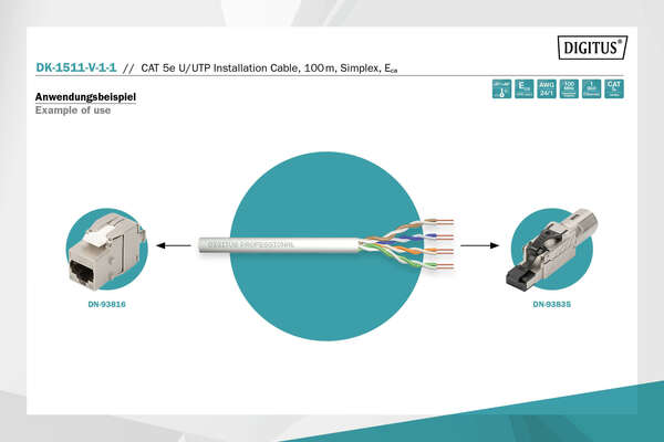 Naar omschrijving van DK-1511-V-1-1 - CAT 5e U-UTP installation cable, 100 MHz Eca (PVC), AWG 24/1, 100 m paper box, sx, grey