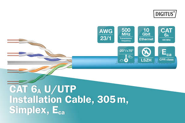 Naar omschrijving van DK-1613-A-VH-305 - CAT 6A U-UTP installation cable, 500 MHz Eca (EN 50575), AWG 23/1, 305 m drum, sx, blue