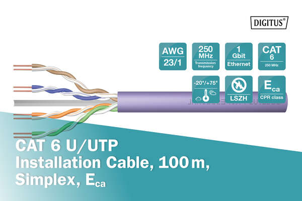 Naar omschrijving van DK-1613-VH-1 - CAT 6 U-UTP installatiekabel, 250 MHz Eca AWG 23/1, 100m doos