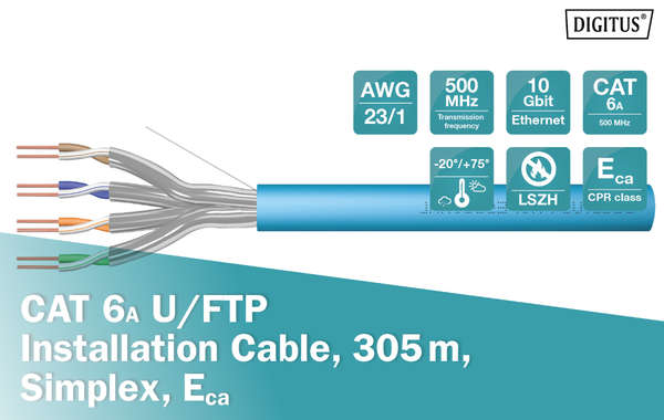 Naar omschrijving van DK-1623-A-VH-305 - CAT 6A U-FTP installation cable, 500 MHz Eca (EN 50575), AWG 23/1, 305 m drum, sx, blue