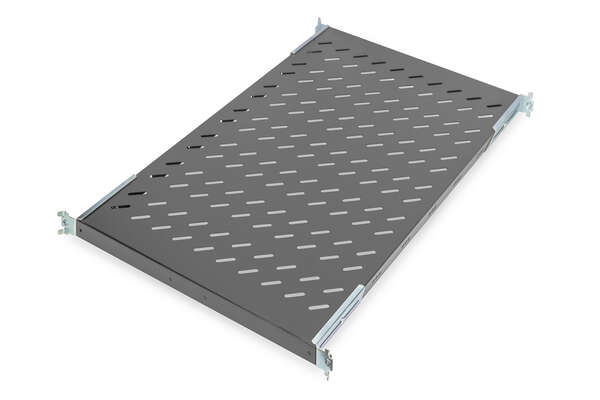 Naar omschrijving van DN-19-TRAY1-1000-ECB - 1U fixed shelf for racks from 1000 mm depth 44x486x770 mm, up to 50 kg, black (RAL 9005)