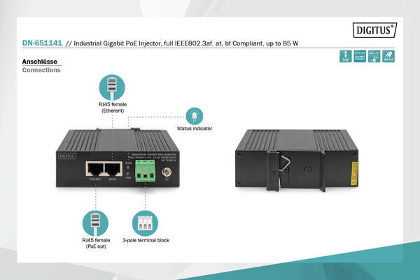 Naar omschrijving van DN-651141 - Industrial Gigabit PoE Injector FullIEEE802.3af,at,bt Compliant, up to 85 W