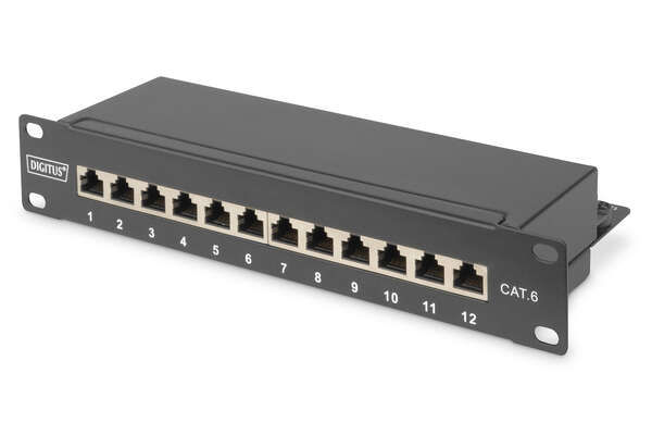 Naar omschrijving van DN-91612S - CAT 6, Class E patch panel, shielded, 12-port RJ45 8P8C, LSA, 1U, 254 mm(10