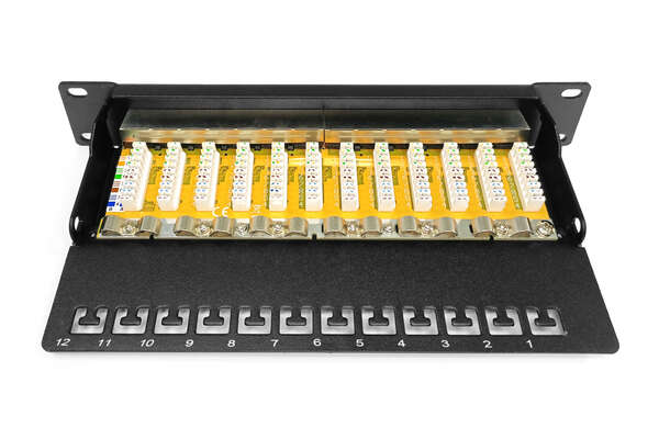 Naar omschrijving van DN-91612S - CAT 6, Class E patch panel, shielded, 12-port RJ45 8P8C, LSA, 1U, 254 mm(10