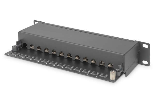 Naar omschrijving van DN-91612S - CAT 6, Class E patch panel, shielded, 12-port RJ45 8P8C, LSA, 1U, 254 mm(10