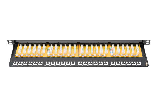 Naar omschrijving van DN-91624U-SL-SH - CAT 6 Patch Panel, unshielded,24-port RJ45 w. shutter, 8P8C, LSA, 0.5U, 19