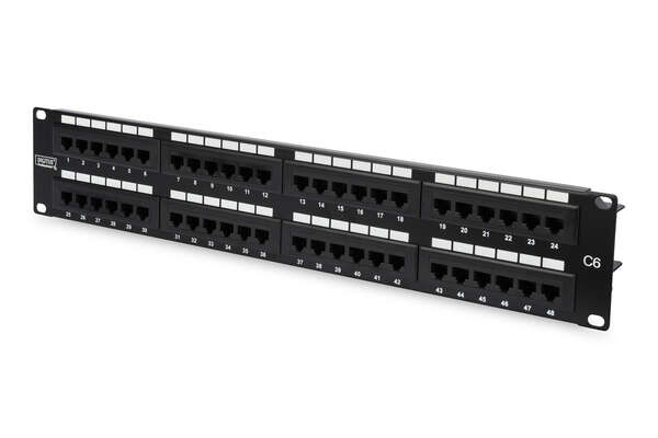 Naar omschrijving van DN-91648U - CAT 6 patch panel, unshielded, 48-port RJ45, 8P8C, LSA, 2U, rack mount, bl, 482x44x109 mm