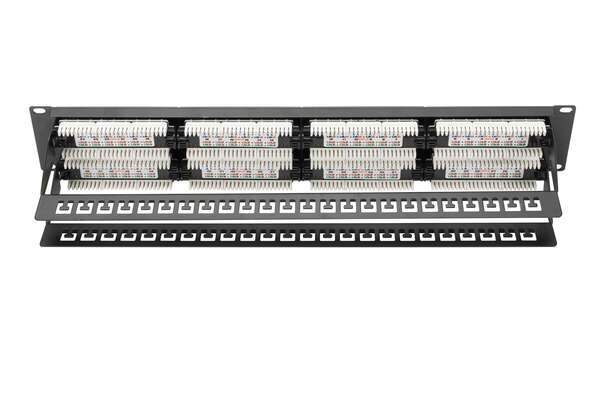 Naar omschrijving van DN-91648U - CAT 6 patch panel, unshielded, 48-port RJ45, 8P8C, LSA, 2U, rack mount, bl, 482x44x109 mm