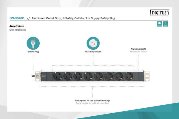 Naar omschrijving van DN-95401 - 1U Aluminum PDU, rackmountable, 8x safety outlet 16A, 4000W, 250VAC 50/60Hz,