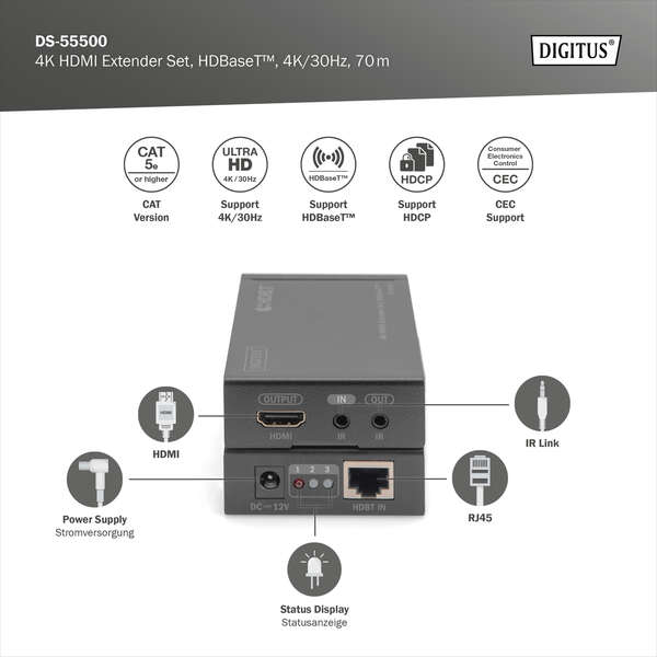 Naar omschrijving van DS-55500 - 4K HDMI Extender Set, HDBaseT, UHD 4K*2K@30Hz 70m over network cable (Cat 5E, 6, 7)