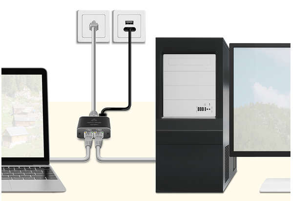 Naar omschrijving van NS0011 - Gigabit Ethernet Splitter 1 to 2, 1000 Mbps, with USB power