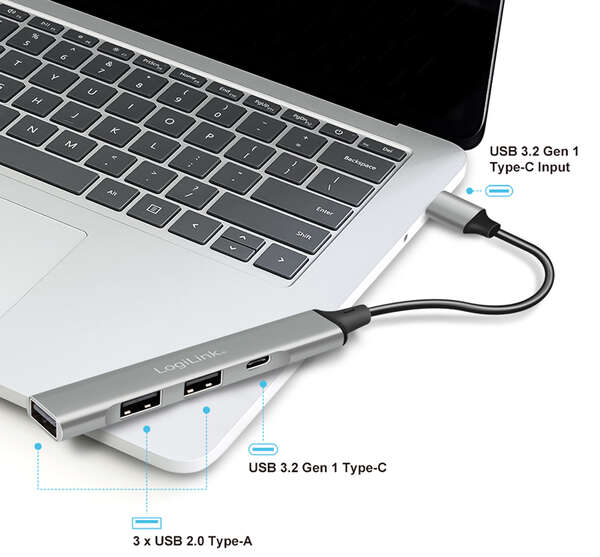 Naar omschrijving van UA0416 - USB 3.2 Gen1 Hub, 4-port, USB-C, 3x USB-A 1xUSB-C, ultra-slim, aluminum, grey